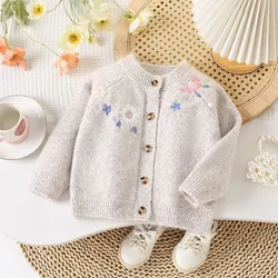 2-7Y Girls Sweaters Single Breast Kids Knit Cardigans Flower Embroidery Girl Knitwear Children Outfit