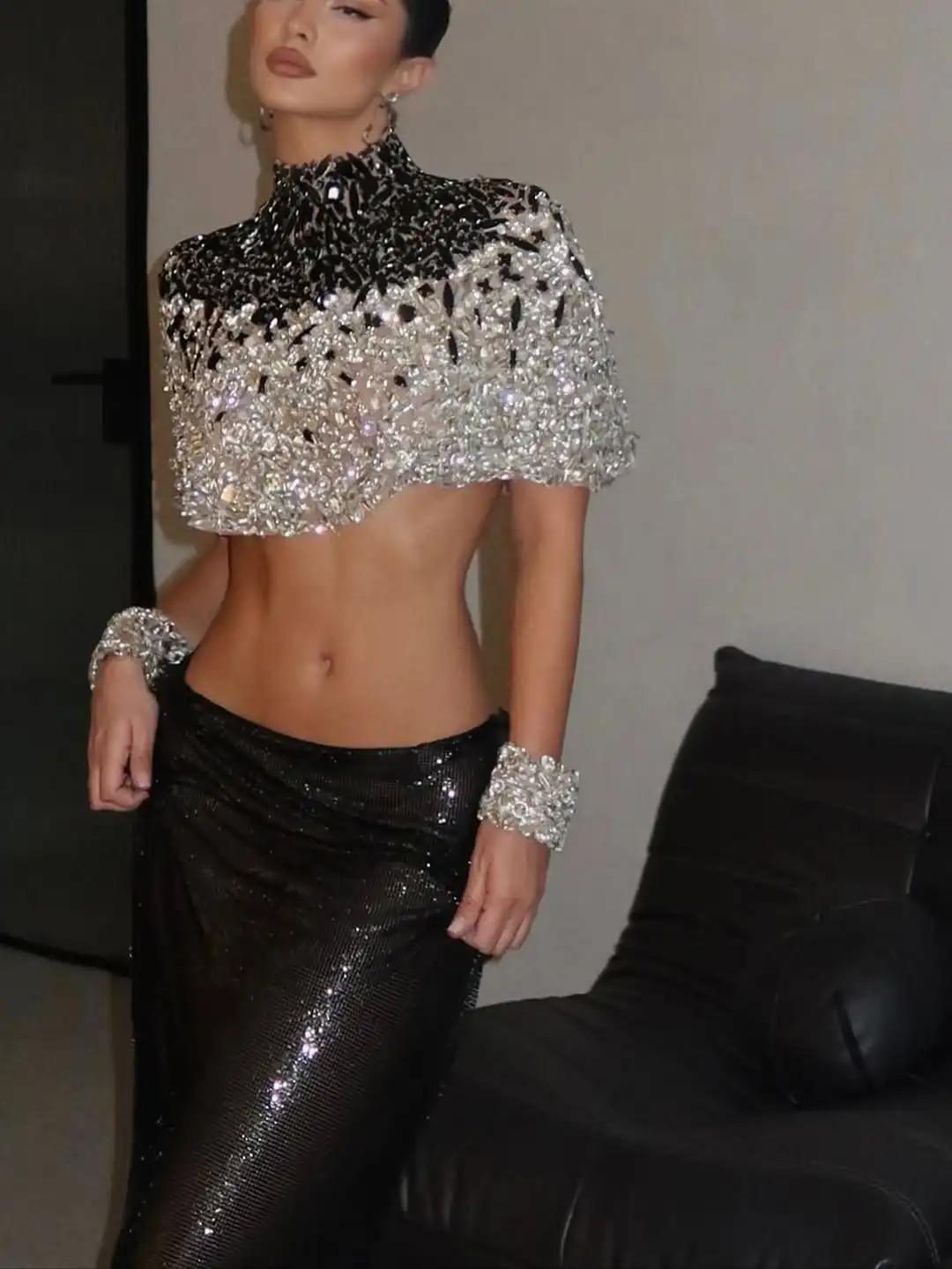 

Ofherown 2026 Black Silver Diamond Two Piece Evening Dress Luxury Sparkly Sequin High Neck Prom Party Gowns for Red Carpet