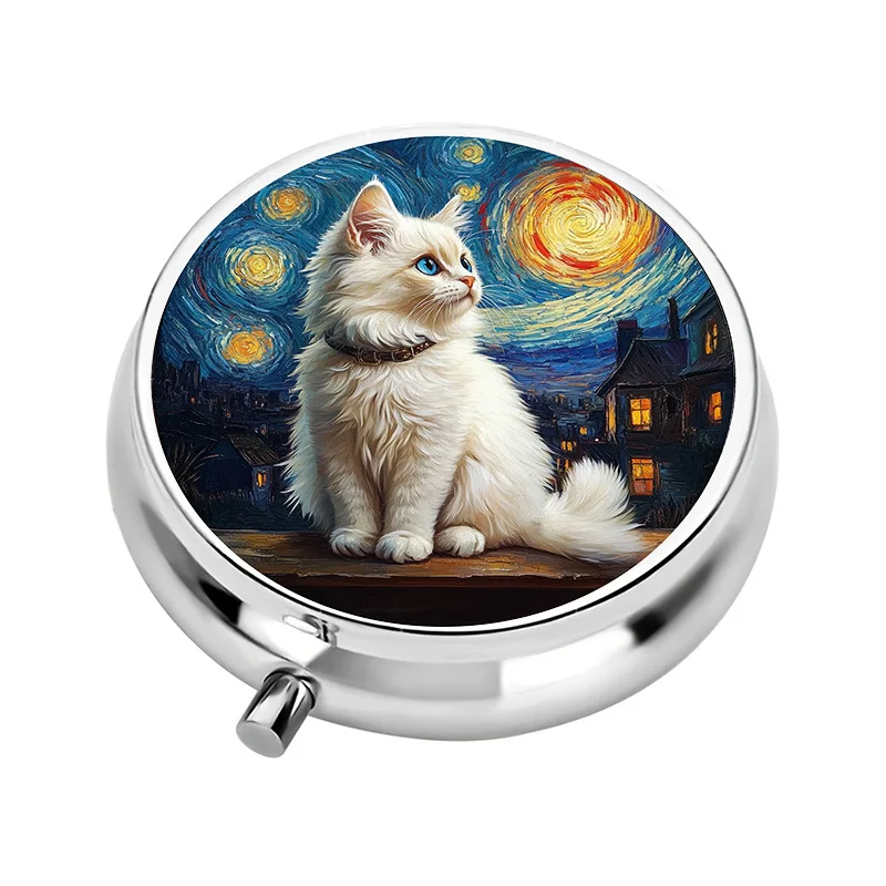1-piece three-compartment pill box, starry sky cat theme, pill container, pill box, unique gift, suitable for travel