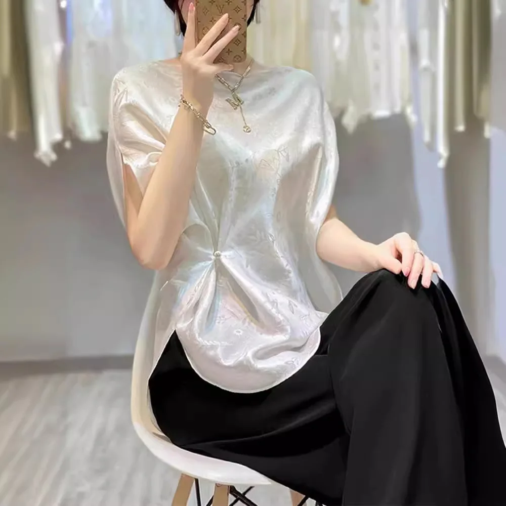 New Chinese  waistband design fashionable top, women's new  beautiful white button up jacquard short sleeved shirt