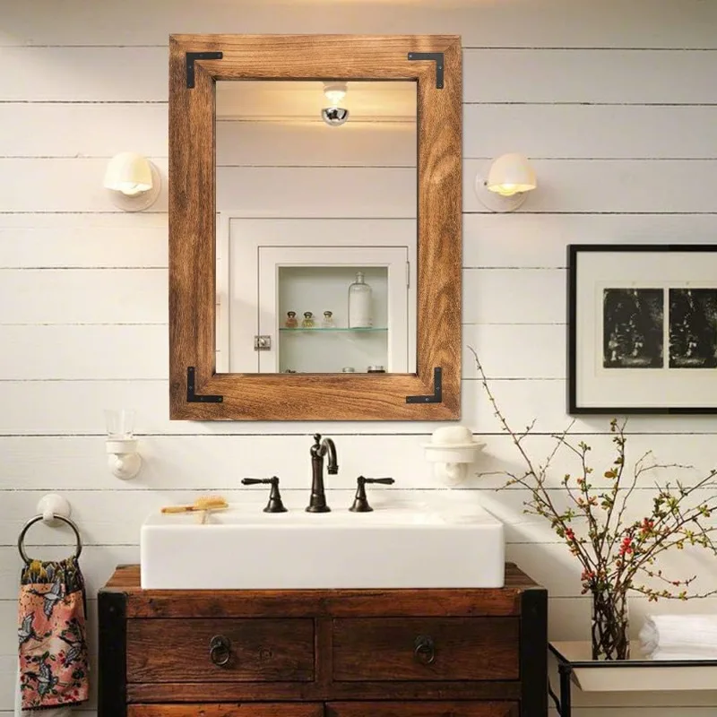 Rustic Wooden Framed Wall Mirror, Natural Wood Bathroom Vanity Mirror for Farmhouse Decor, Vertical or Horizontal