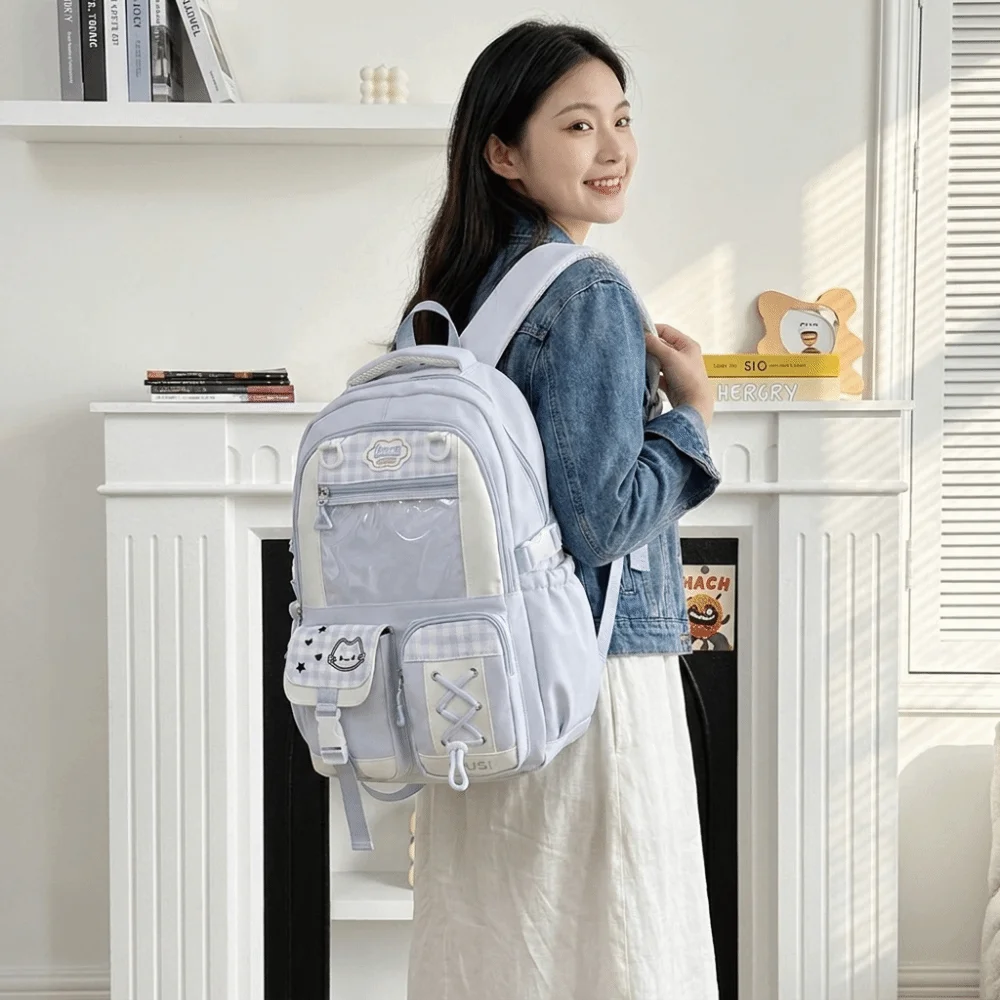 Preppy Style Multi-Compartment School Backpack Lightweight Large Capacity Rucksack Multi-Pocket Zipper Plaid Color Block Daypack