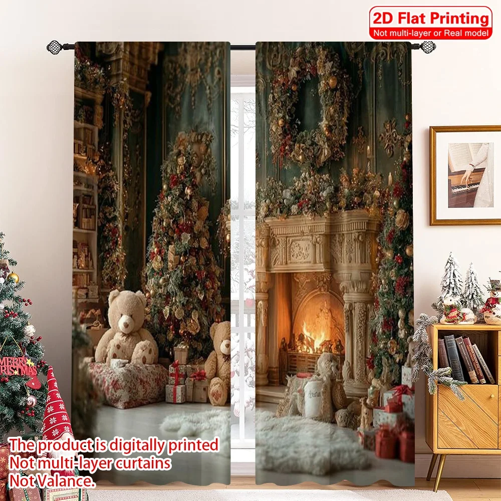 

2pcs 2D flat printing Merry Christmas Popular Curtain Old fireplace_ 100% Polyester Without Electricity Holiday Decorations for