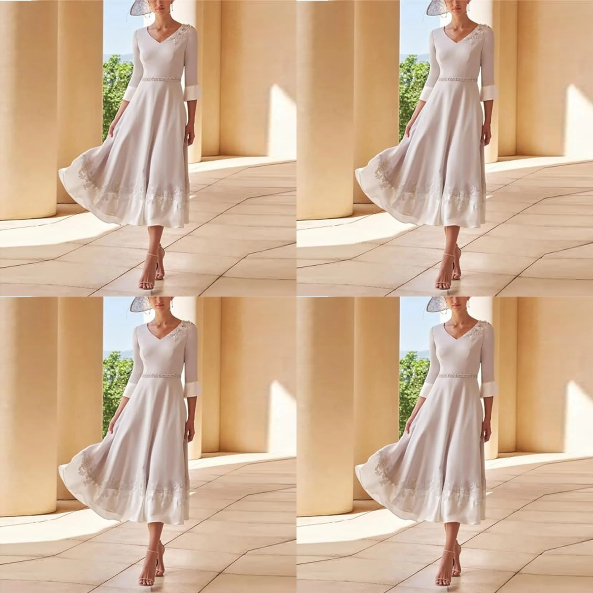 

Customized V-neck Satin 3/4 Sleeve Appliques Lace A-line Mother of the Bride Dress Tea-Length Flowing Elegant Evening Gown