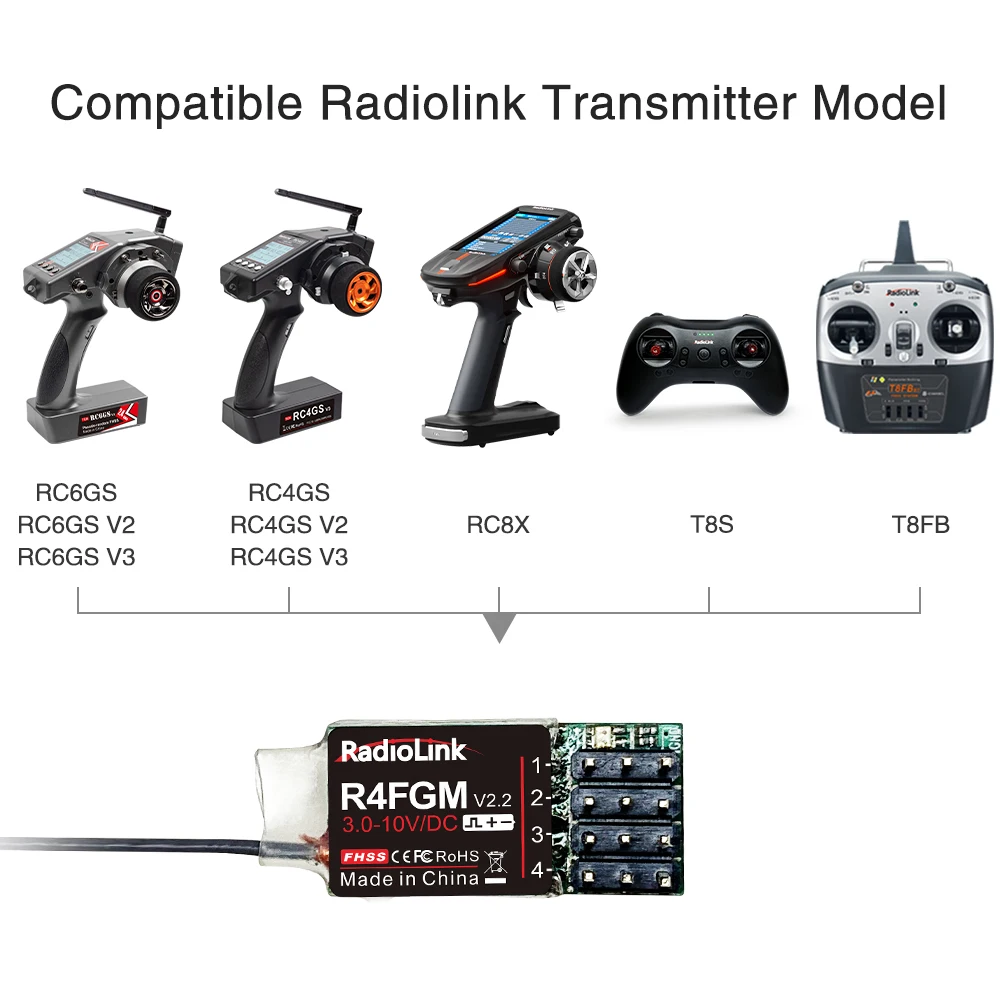 Radiolink R4FGM V2.2 3-10V 4 Channel Mini Receiver with Gyro for 1:28 1:64 RC Pocket Drift Car Hotwheel for RC4GS RC6GS RC8X