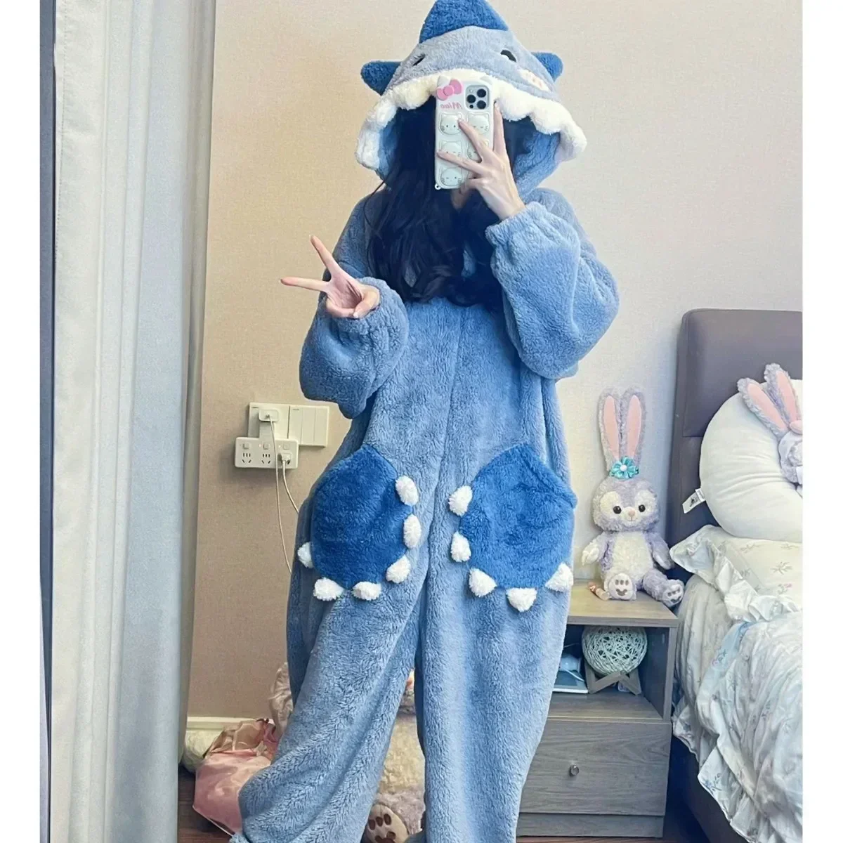 Pijama de Invierno con Capucha de Tiburón de Dibujos Animados para Mujer, Kigurumi de Unicornio, Disfraz de Cosplay, Mono de Pijama, Ropa de Estar por Casa para Fiesta de Navidad