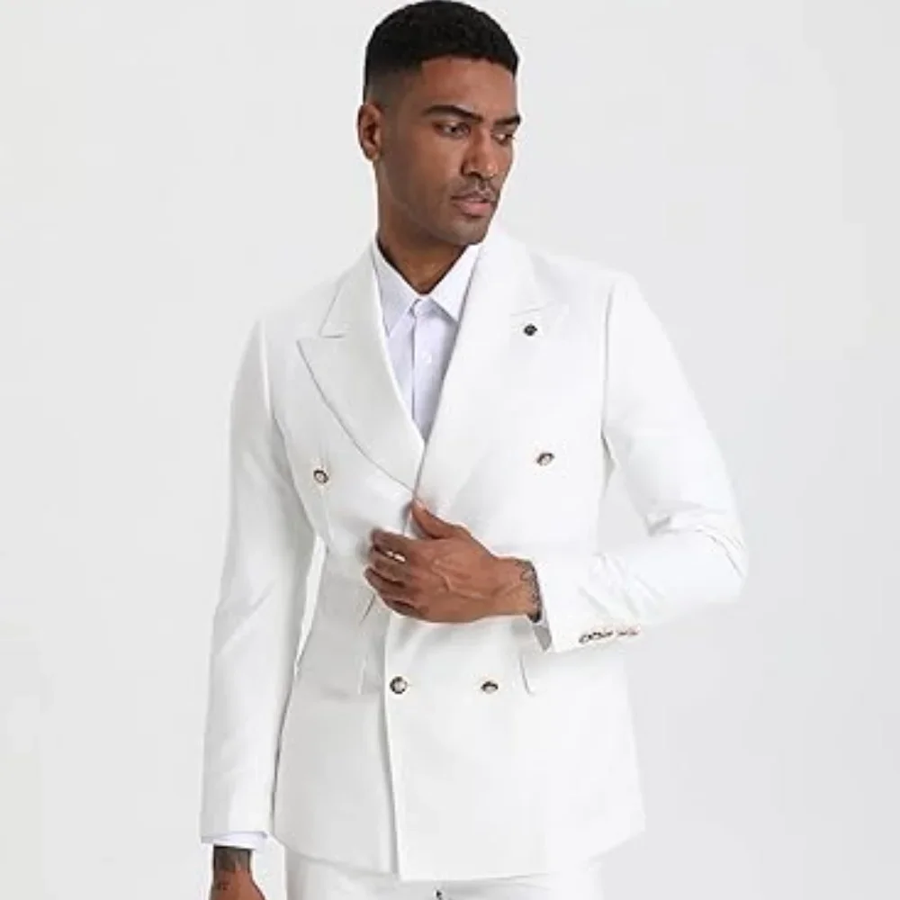 

2 Piece White Double Breasted Men's Suits Six-buttons Set Blazer Pant Custom Made Wedding Tuxedos Male Prom Party Suits