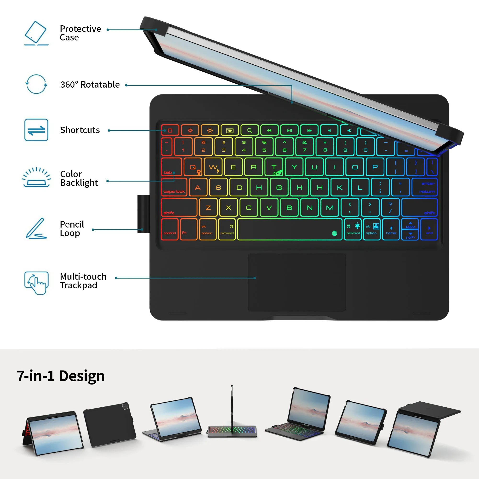 Touch Keyboard Case for iPad Air 11-inch (2024 M2) & iPad Pro 11(4th/3rd/2nd/1st Gen):Multi-Touch Trackpad & 7 Colors Backligh view 3