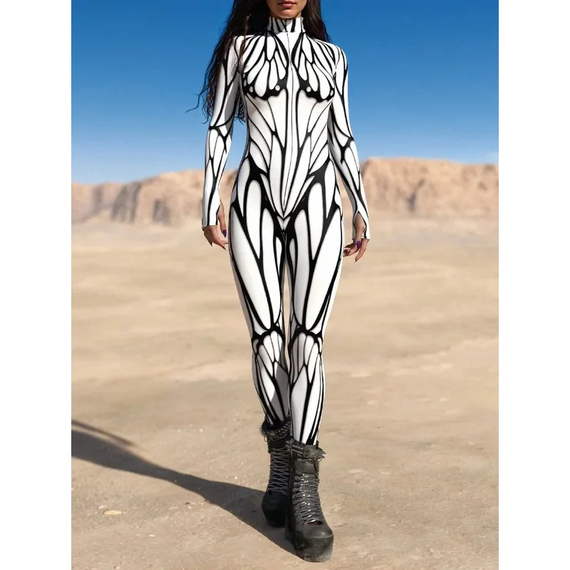 أبيض وأسود نمط Zentai البدلة هالوين تأثيري Morphsuit النساء الهذيان داخلية حللا الجوارب كرنفال حفلة تنكرية