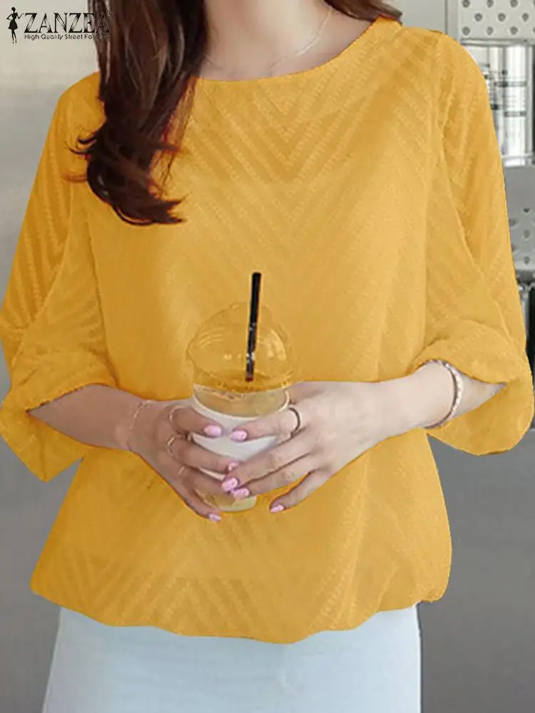 

ZANZEA Elegant Twisted Half Sleeve Tops Women Textured Fabric Blouse 2024 Summer Mesh Tunics Korean Fashion Round Neck Blusas