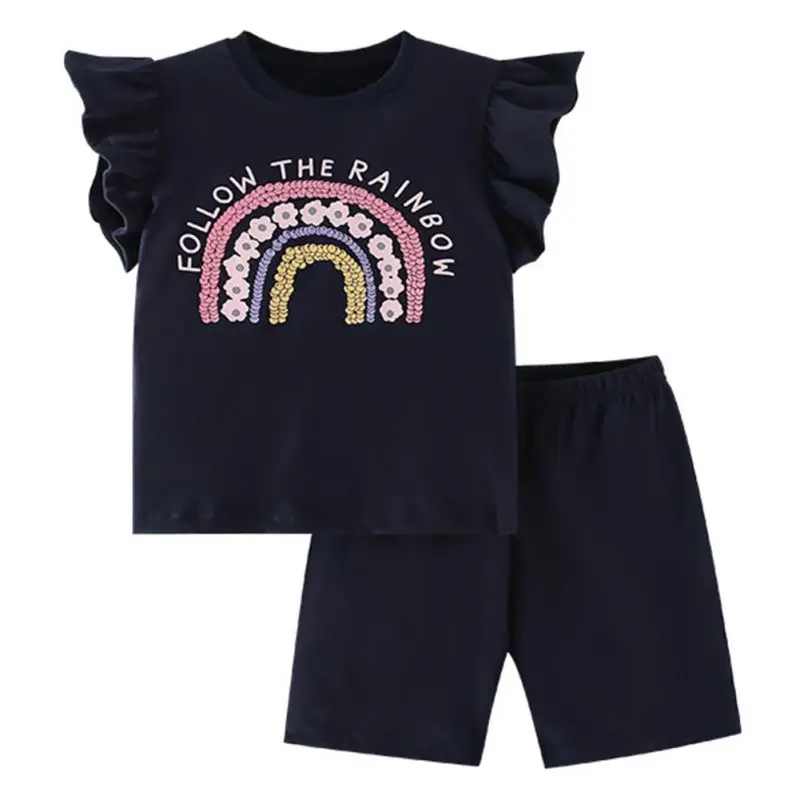 Girls Short-Sleeved Suit Girls Baby Summer Short-Sleeved T-Shirt Shorts Two-Piece Set 1-9Y Fashion Lotus Leaf Round Neck Top