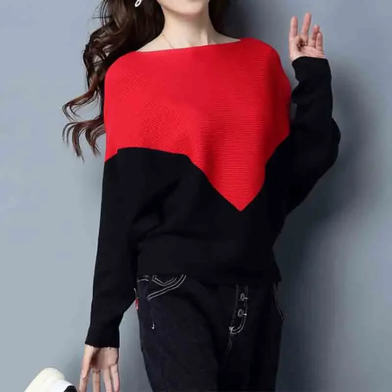 

Fashion Women Clothing Contrast Bat Long Sleeve Sweater Spring Autumn New Korean Loose Versatile Casual Knitted Pullovers Tops