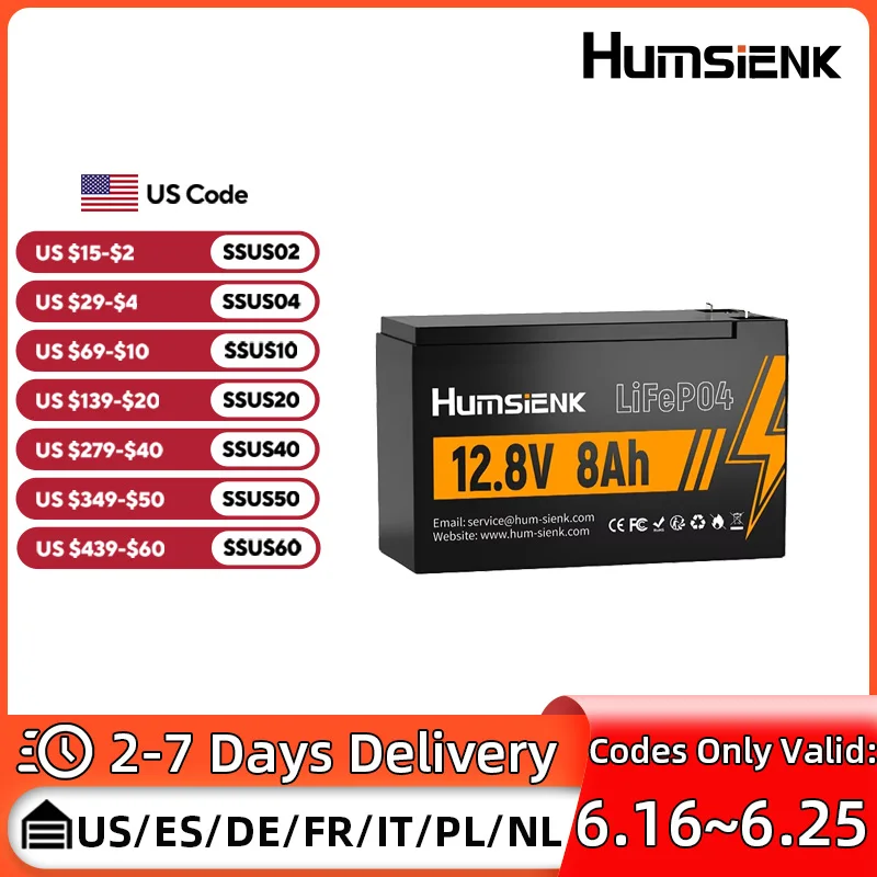 

Humsienk LiFePO4 Lithium Battery 12V 8AH 4/8 PACKS Rechargeable 15000+ Cycles Fish Finder Mower Shed Automotive Power supply
