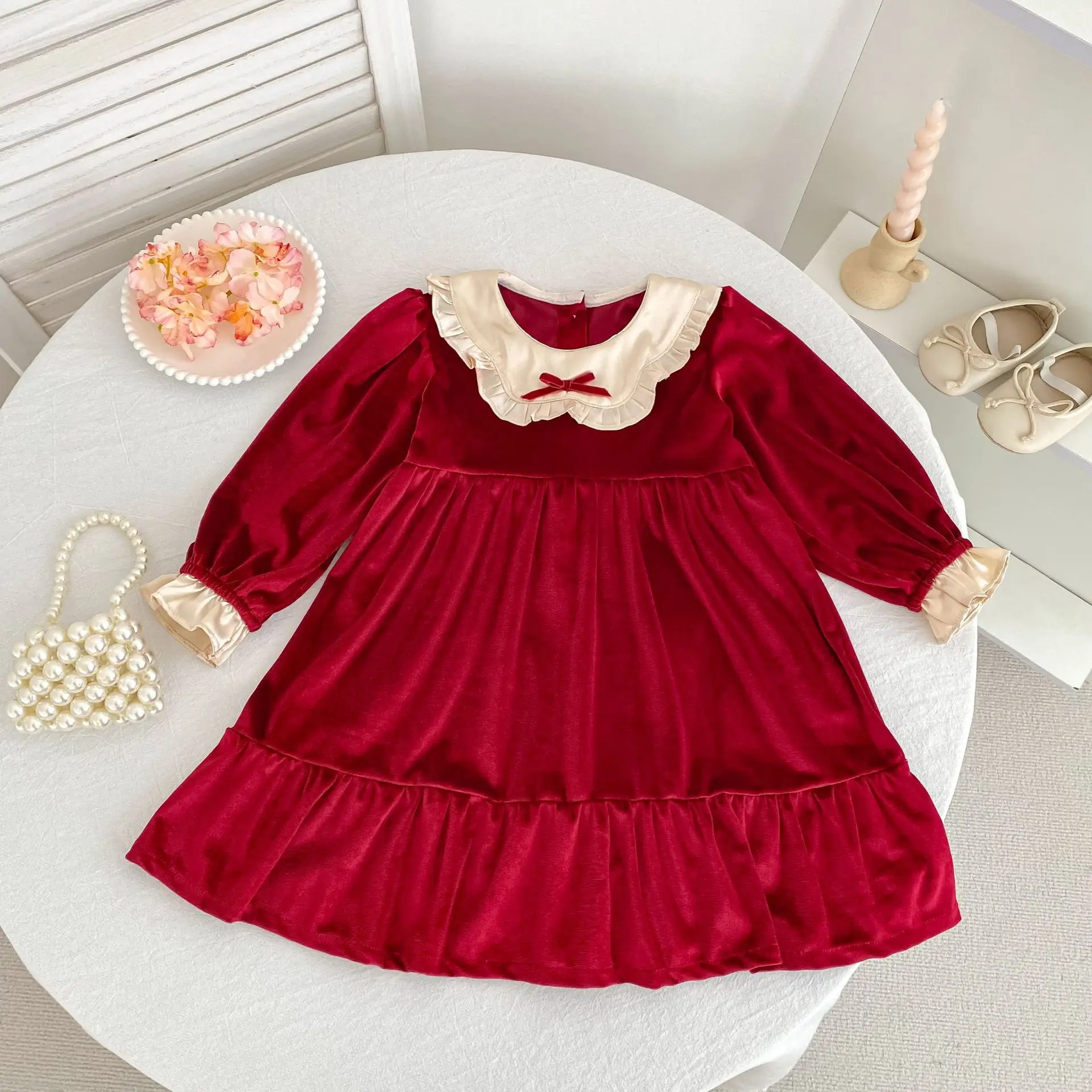 fitted lace wedding dress Patachou Little Girls Red Velvet Bow Dress
