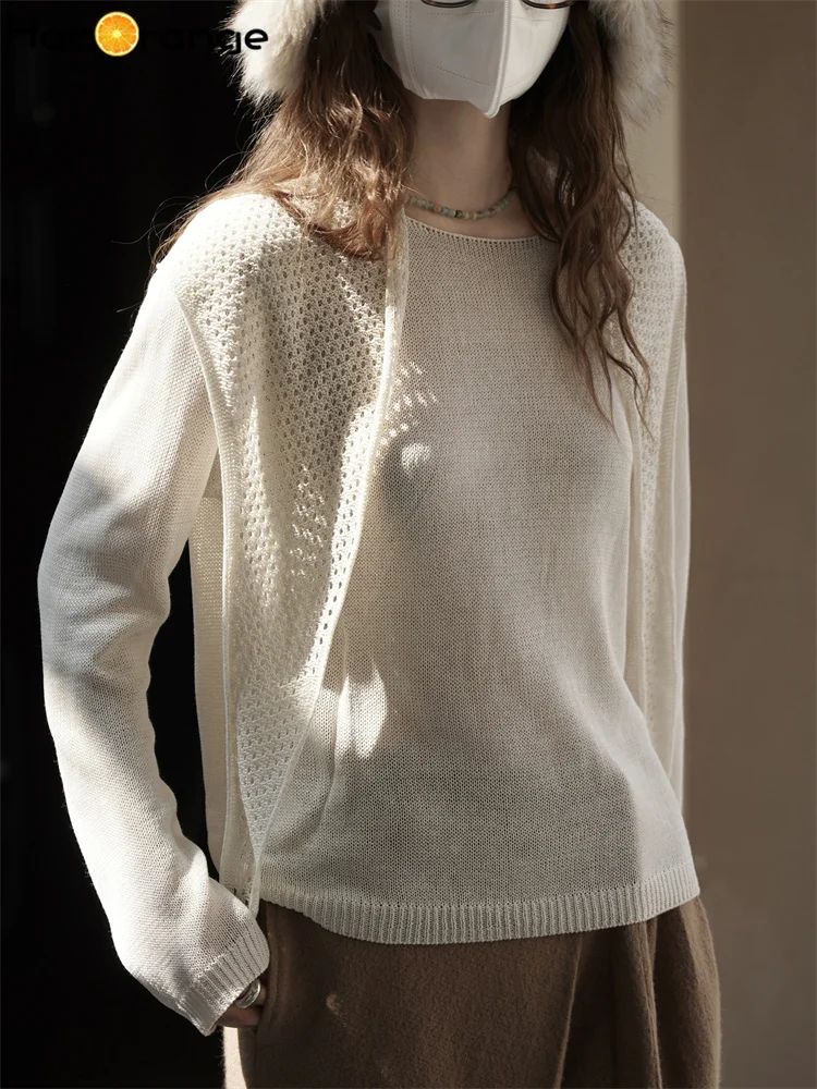 한오렌지 2025 가을/겨울 루즈 니트 스웨터 여성용 스택형 탈부착 가능한 홀로우 숄 탑 라이트 아프리콧/초콜릿/그레이