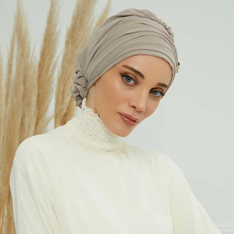 Pianura musulmano istantaneo Turbante cappello interno hijab berretti donne islamico Bandana cofano India cappelli femminile copricapo Turbante Mujer fiore