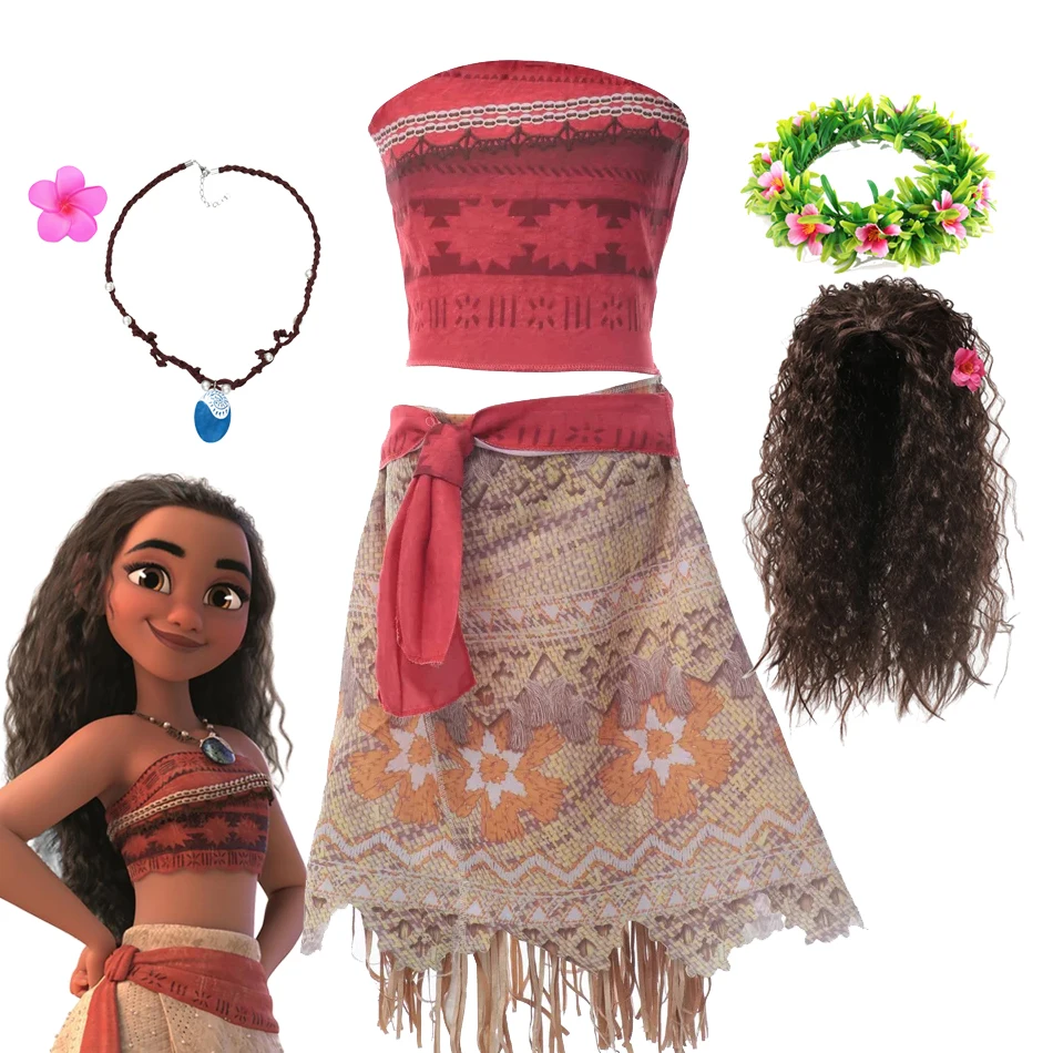 Disney Girl Moana Vaiana Costume Children Princess Dress 2PCS Set Cosplay Clothing Christmas Carnival Halloween 2-12T