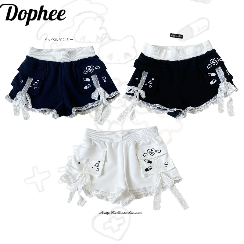 Dophee Original Subculture Pattern Printed Lace Shorts New Spring Summer Elastic Waist Wide Leg Pocket Cargo Shorts Skirt Women