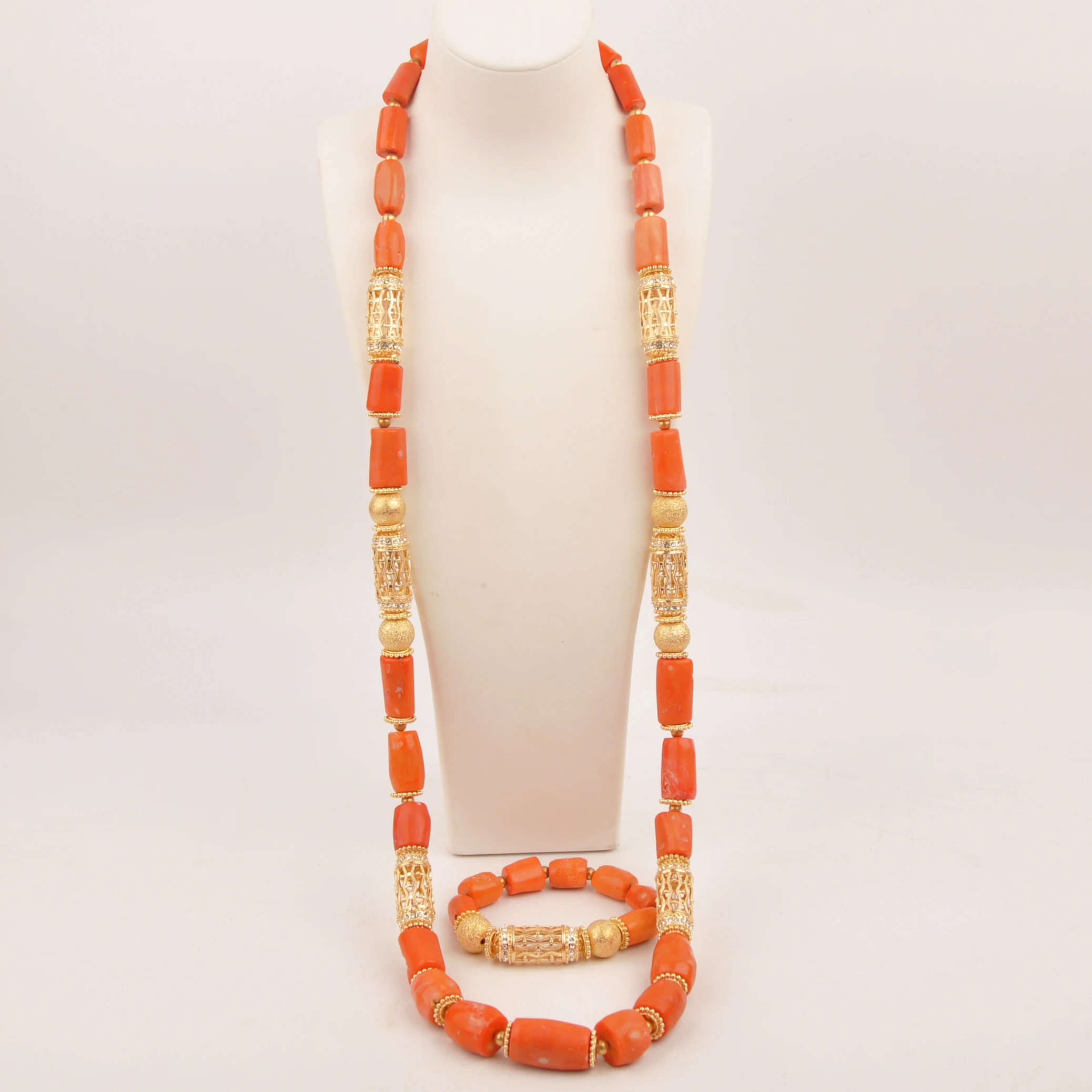 Orange Coral Beads Jewelry Set For Groom 48 Inches African Wedding Necklace Jewellery Set Long Design Trendy