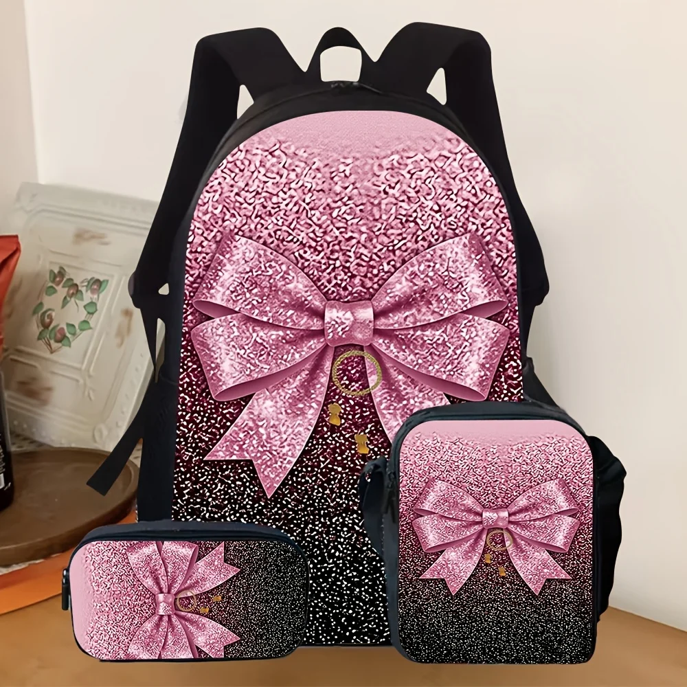 

3pcs [2D Flat] School Backpack Set for Girls, Glitter Pink Bow Print Backpack with Crossbody Bag & Pencil Case, Stylish Bookbag