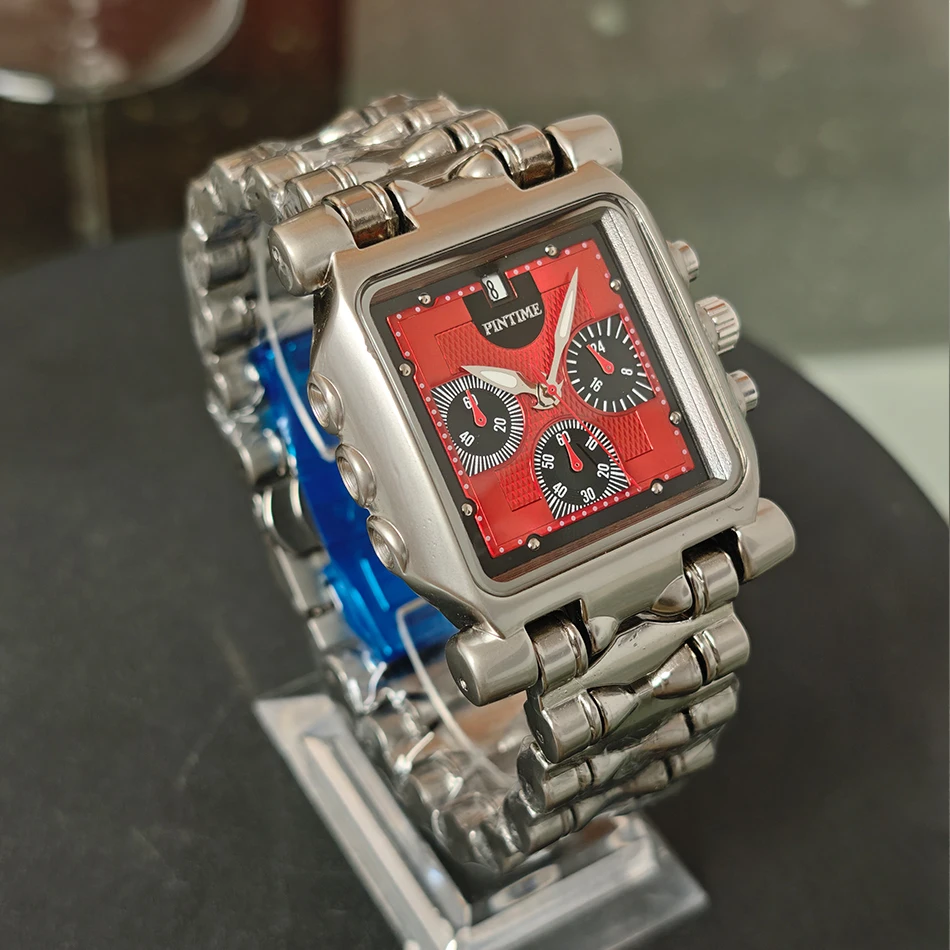 ساعة كوارتز مربعة جديدة مع قرص كبير مقاوم للماء مع عقارب مضيئة وحركة كرونوغراف رياضية عصرية للرجال