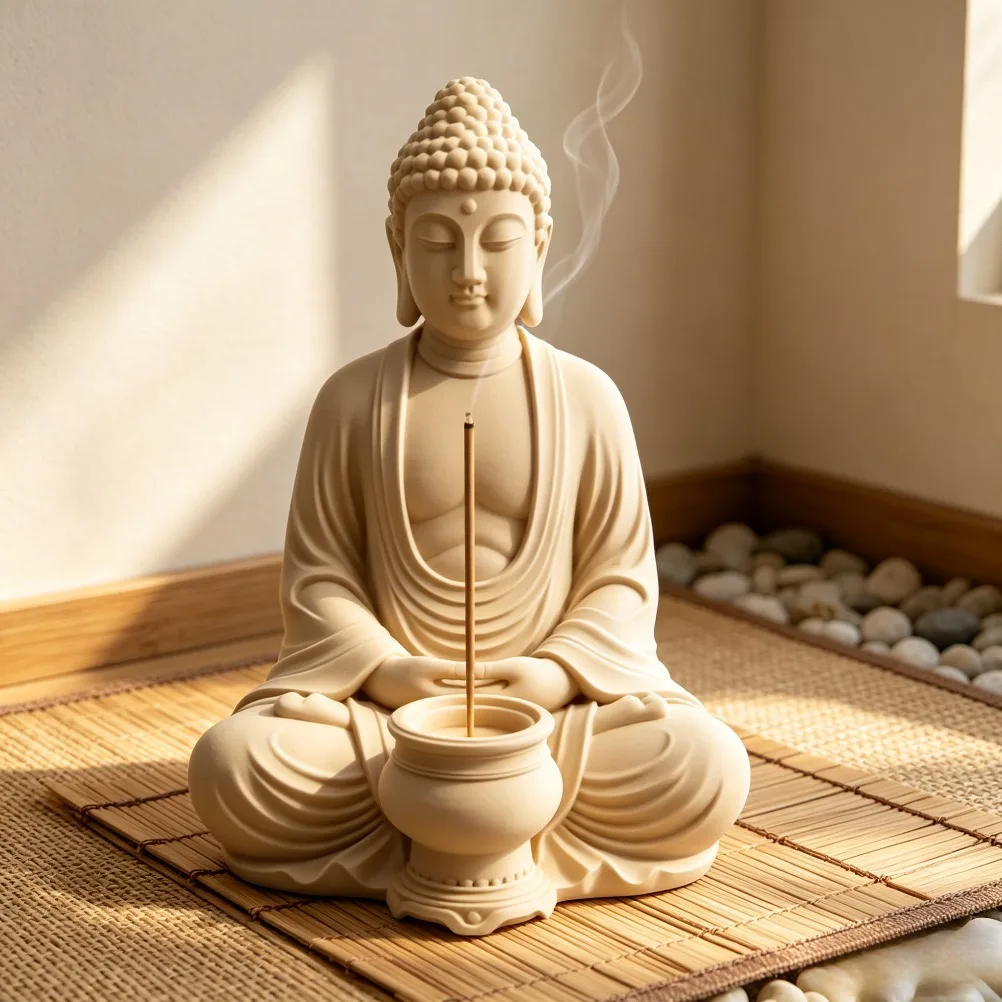 Sitting Buddha Sculpture with Incense Holder Peaceful Oriental Zen Figurine Spiritual Altar Decor for Meditation Unique Gift