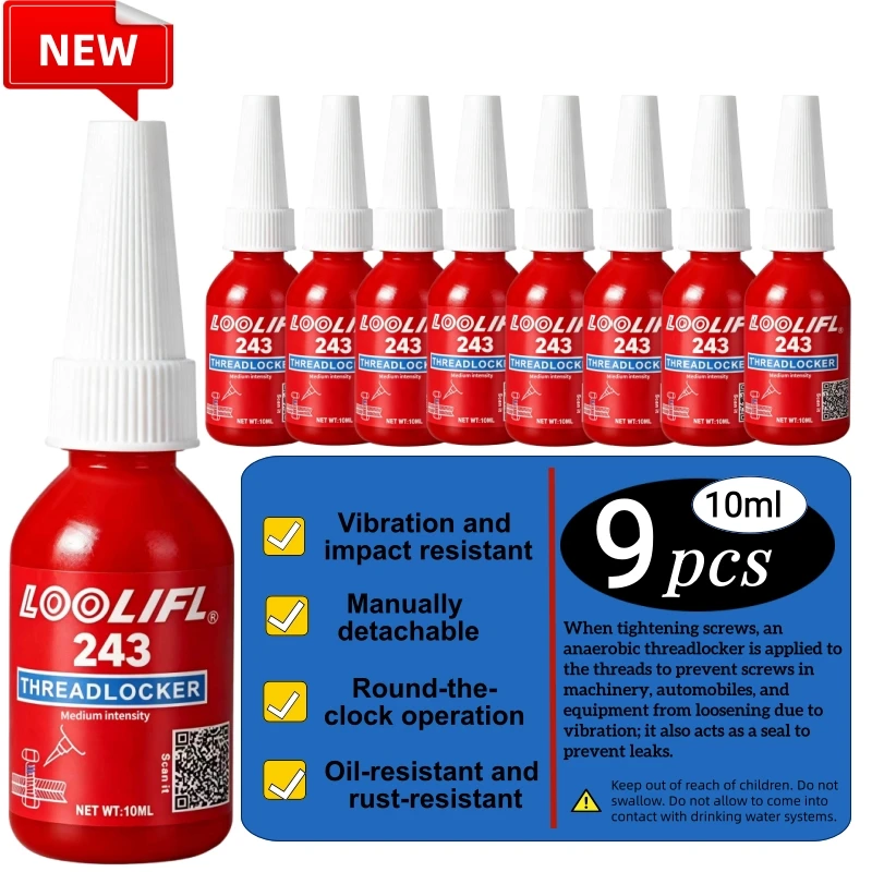 10 ml 243 Bleu, Scellant pour filetages de résistance moyenne, Scellant pour écrous et boulons, Résistant aux hautes températures pour prévenir le desserrage et les fuites, Démontable manuellement.