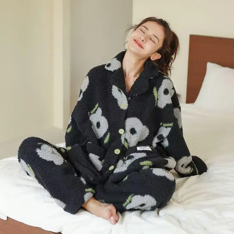 امرأة الشتاء Pj مجموعة منامة دعوى الطباعة رشاقته الفانيلا Homewear يمكن ارتداؤها كملابس خارجية المرجان الصوف الدفء ملابس خاصة دعوى