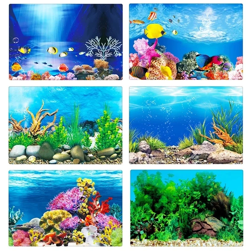 Double Side Fish Tank Wall Poster Background Aquarium Decoration 3D HD Ocean Picture Sticker Background 30/40/50cm(Height)