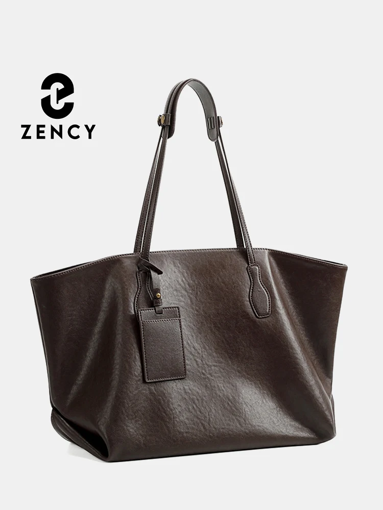 Zency Chocolate Women Handbag 100% Genuine Leather Ladies Shoulder Purse Ladies Black Tote Bag Large Capacity Shopper Bag Winter