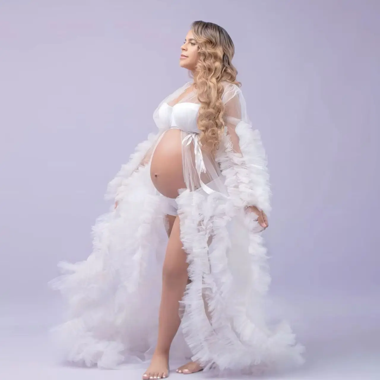 

Elegant White Maternity Robes for Photography Ruffles Long Sleeves Pregnant Women Dresses See Thru Customized Baby Shower Gowns