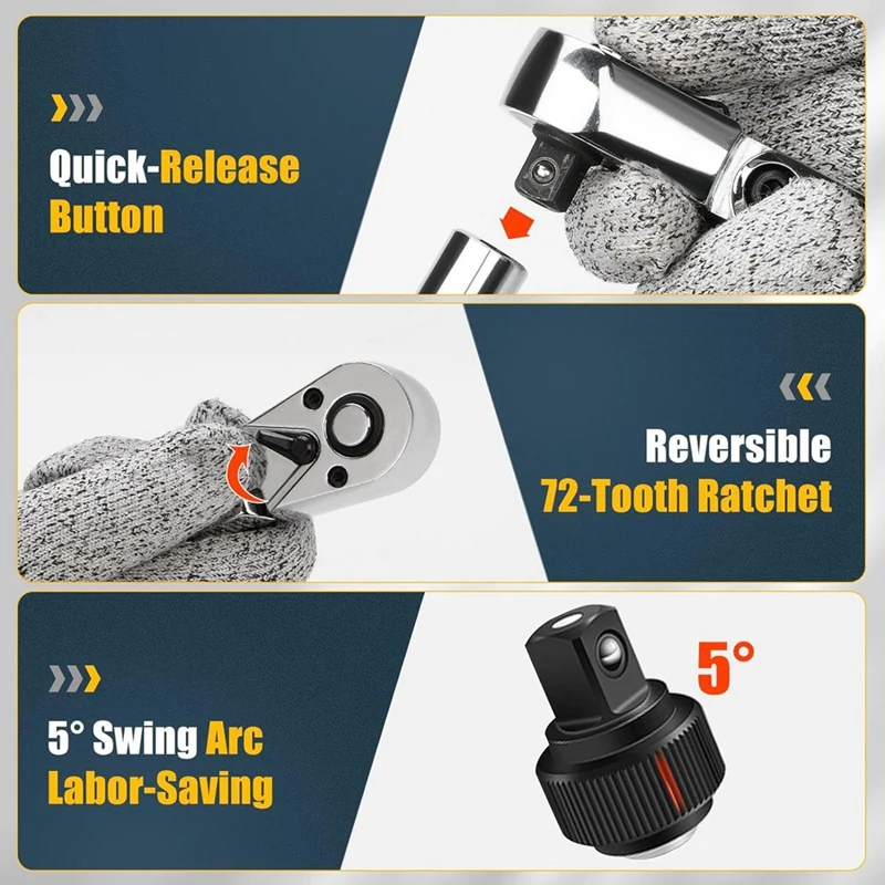 6Pcs Flex Head Ratchet Set 1/4" 3/8" 1/2" Drive 180° Adjustable Swivel Head Ratchet Wrench With Extension Bar 72 Tooth