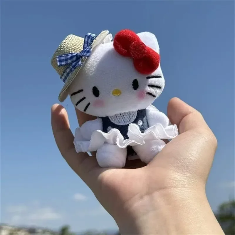 Sanrio Hello Kitty Plush Doll Cartoon Anime Cute Blue Checkered Straw Hat KT Cat Keychain Backpack Pendant Fashion Holiday Gifts