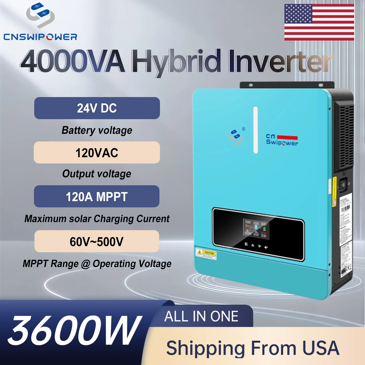 3600W 24V to 110V Hybrid Solar Inverter Charger with 120A MPPT Controller Pure Sine Wave Off Grid Power Converter for Home Energy System