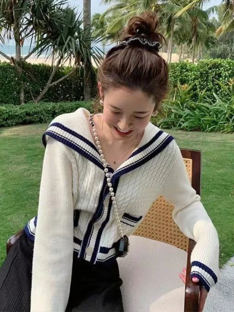 Small Fragrance Cardigan Sailor Collar Long Sleeve Striped Contrast Color Pockets Sweaters Casual Loose All Match Women Clothing