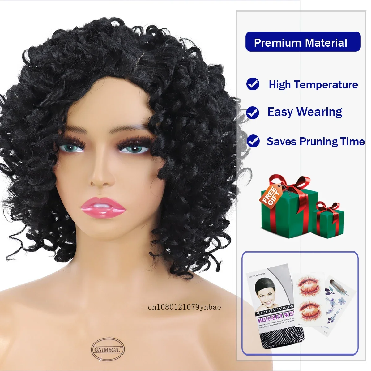 Wig hitam sintetis dengan poni untuk wanita Wig keriting Afro pendek gaya rambut Amerika Afrika tahan panas pesta kostum Halloween