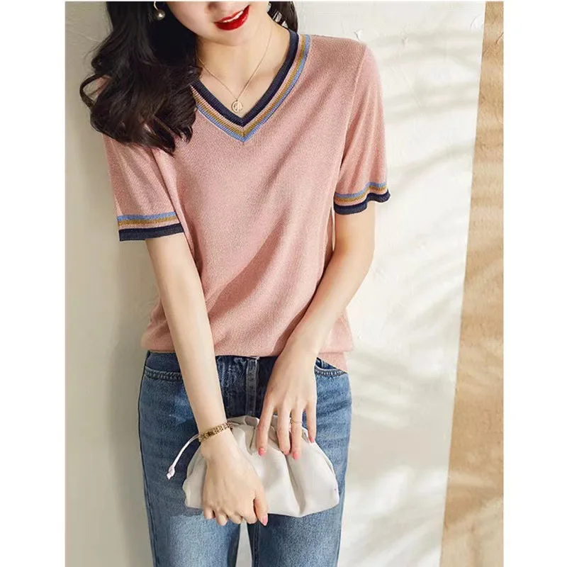 

Flash Bright Short Sleeve Contrast Color V-neck Summer New Slimming and Fashionable Ice Silk Sweater Women Wholesale