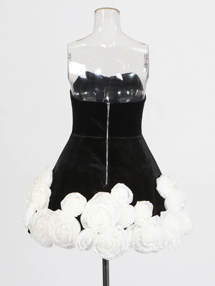 Vietnamese Style Sexy Dress 2025 Summer New Arrival Velvet Strapless Stereo White Rose Petites Puffy Party Prom Dress - Image 5