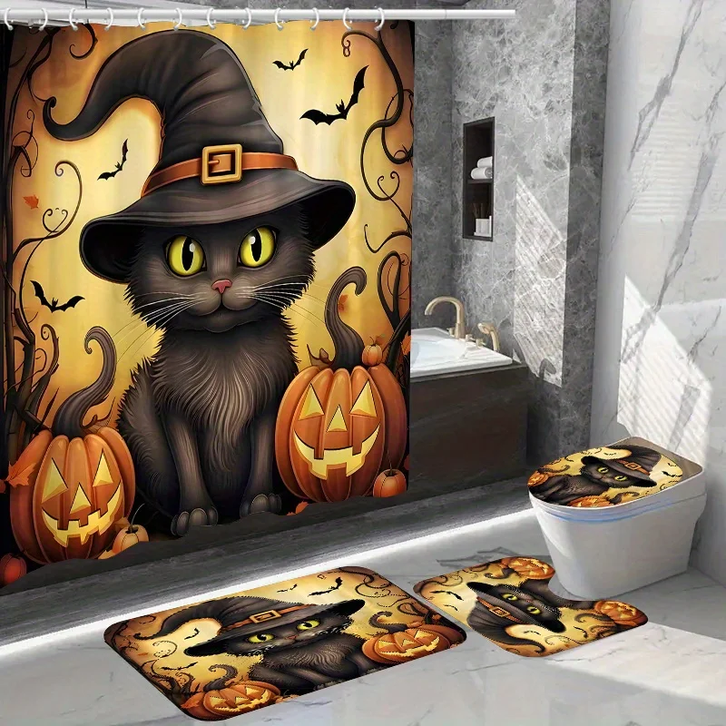 Halloween Cat and Pumpkin Shower Curtain Set with 12 Hooks - Woven Polyester, Water-Resistant Fashion Theme Bath Decor - Include