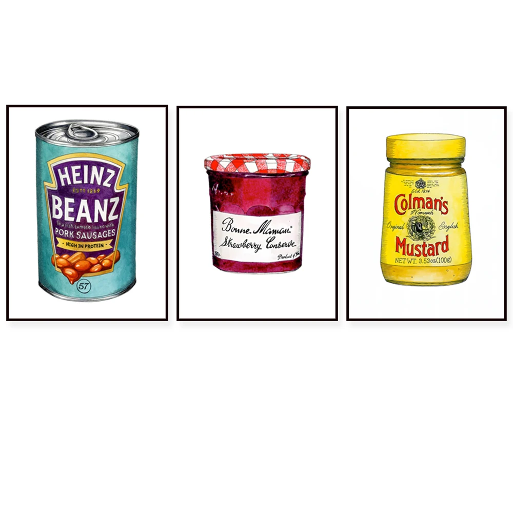 Mostaza, mermelada de fresa, ketchup, tarro de sardina, mantequilla de maní, propagación de chocolate, mayonesa, mermelada, impresión de carteles de cocina gourmet