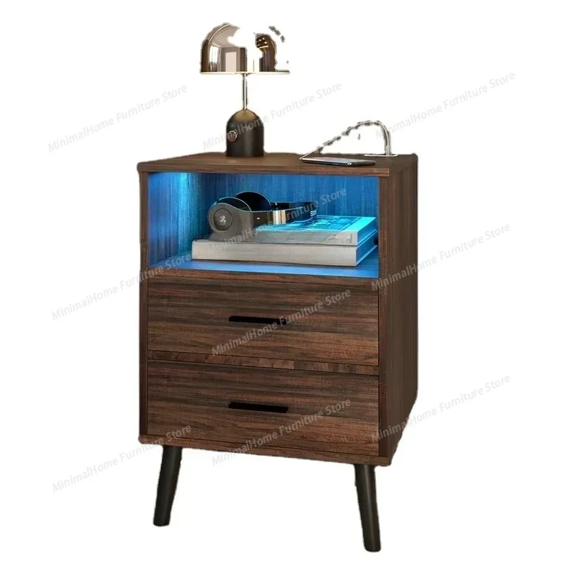 Bedside table with charging station and USB port, rustic brown bedside table with open shelf