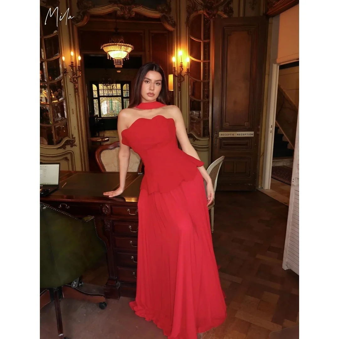 

Red Halter Neck Strapless Ruffle Peplum Customized Formal Evening Pleated Floor-Length Gown vestidos de gala Satin Elegant 2025