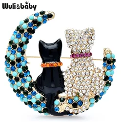 Wuli&baby Lovely Sitting Moon Cats Brooches For Women Shining Rhinestone Pets Animal Party Office Brooch Pins Gifts