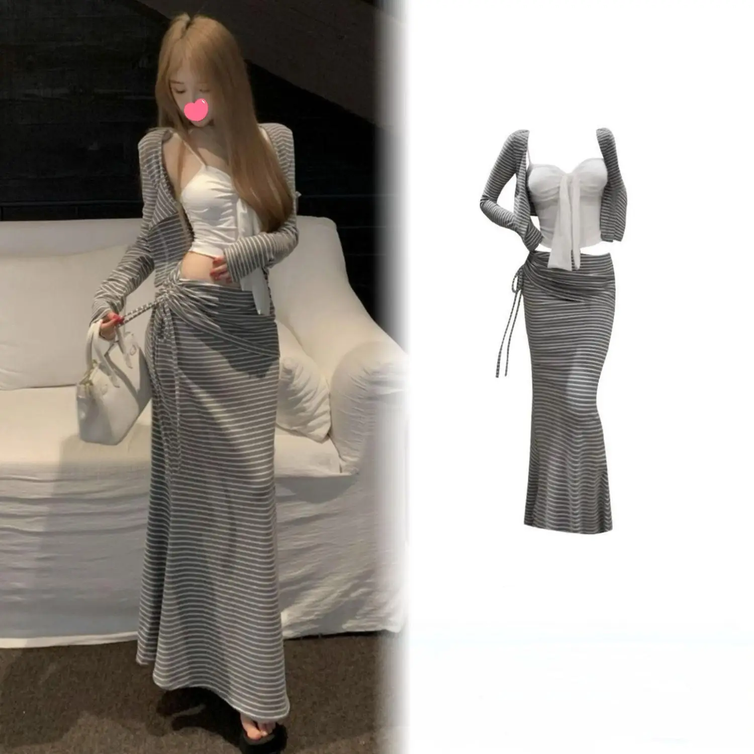 

Sexy Striped Bodycon Long Dress And Crop Top Set for Women V-Neck Sleeveless Clubwear High Waist Three-Piece Suit Spring Summer