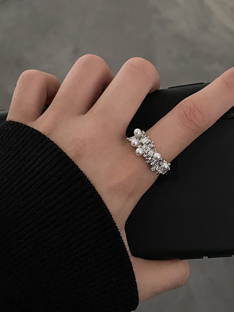 Semplice anello di perle da donna squisito micro-intarsiato zircone aperto anello per dito indice gioielli a mano