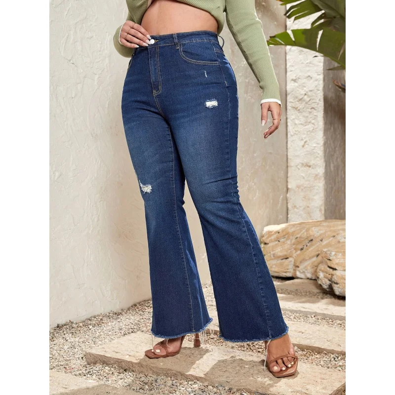 Cross-Border European and American plus Size Dark Blue Ripped Burr Denim Bell-Bottom Pants Fat Girl PantsTEMUAmazonSHEINSpot Goo