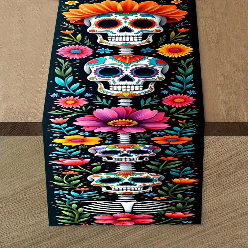 Colorful Floral Marigold Sugar Skull Linen Table Runner Fiesta Party Decor Mexican Day of The Dead Table Runners Home Decoration