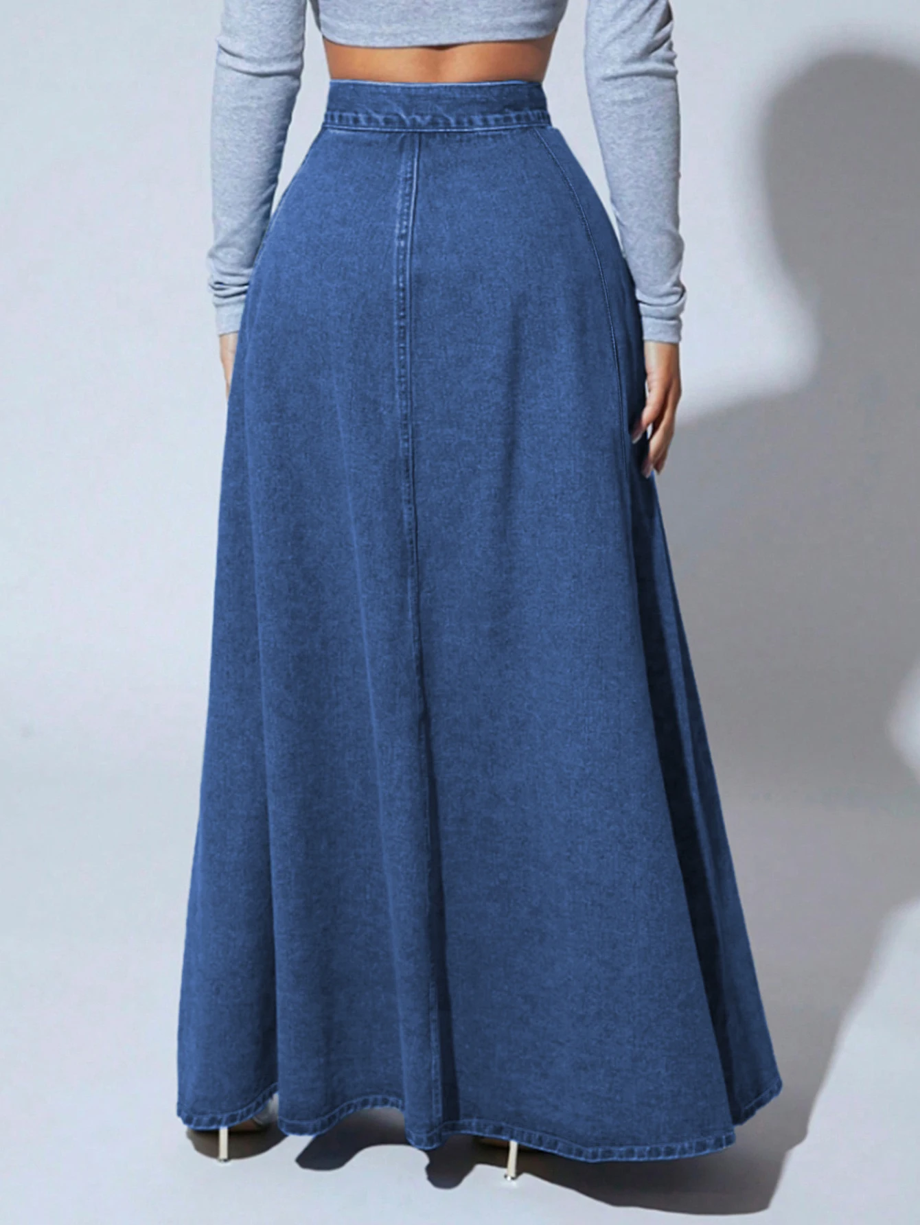 Damen High-Waist Jeans-Maxirock mit Knopfleiste, A-Linie, Vintage, Langer Jeansrock, Lässiger ausgestellter Rock – Detail 12