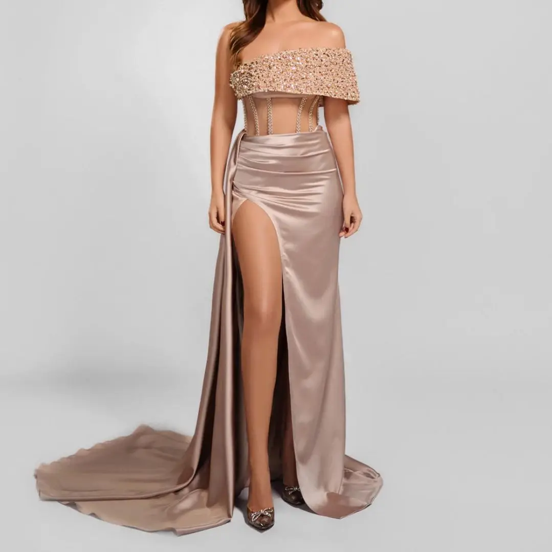 

Customized Temperament Satin Straight One Shoulder Sequined Evening Dresses Half Sleeves Panel Train Bespoke Occasion Gowns