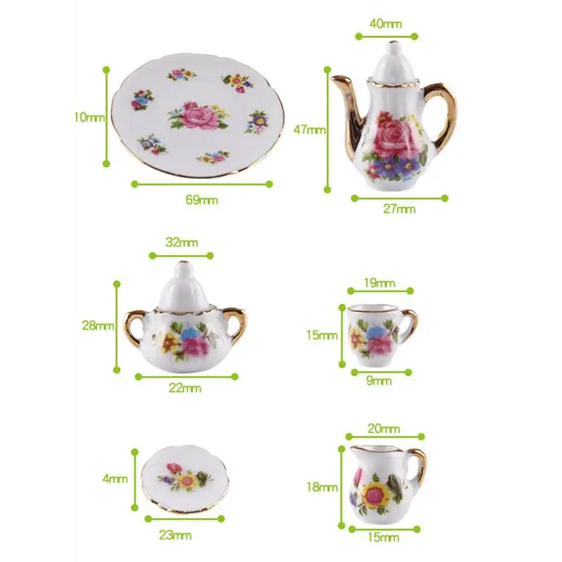 ABPF 1:12 Miniature Porcelain Tea Cup Set Ceramic Tableware Teapot Kitchen Dollhouse Accessories Doll House Decor